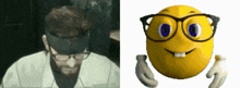 a man wearing glasses next to a smiley face with glasses