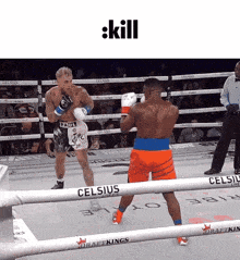 two boxers in a boxing ring with celsius on the ring ropes
