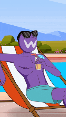 a cartoon character with a w on his face is sitting in a chair