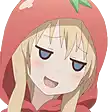 a blonde anime girl wearing a red tomato hat and a red hoodie .