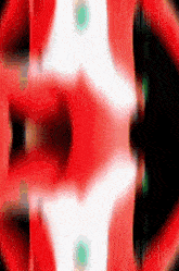 a red white and black background with a green eye