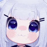 a close up of a cartoon girl with white hair and purple eyes