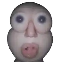 a close up of a cartoon character 's face with big eyes and a pink nose .