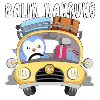 a penguin is driving a yellow car with luggage on the roof and the words balik kampung written above it
