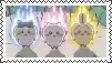 three cartoon characters are standing next to each other in a stamp .