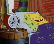 a cartoon of spongebob laying in bed with a clock behind him