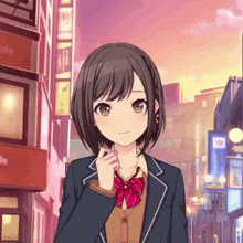 a girl in a school uniform stands in front of a building that says cafe