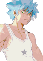a drawing of a man with blue hair and a white tank top with a star on it