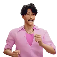 a cartoon character wearing a pink shirt and cardigan is smiling