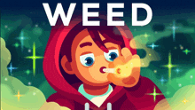 a cartoon of a boy smoking weed with the word weed behind him