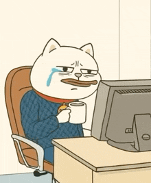 a cartoon cat is sitting at a desk holding a cup of coffee and crying while looking at a computer screen .