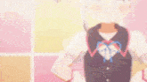 a cartoon girl with a bow on her chest is standing with her hands on her hips