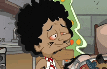 a cartoon character is sitting in front of a christmas tree with his eyes closed