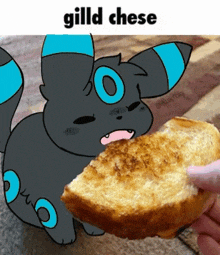 a person is holding a piece of bread in front of a cartoon cat that says " gild chese "