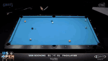 a pool table with griff 's written on the bottom right
