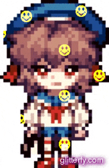 a pixel art drawing of a girl with smiley faces around her head