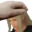 a pixel art of a person wearing a hat with a hand on it .