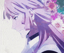 a drawing of a person with purple hair and flowers in the background