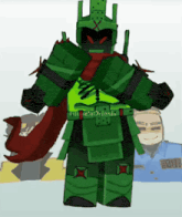 a cartoon drawing of a green robot with a red scarf