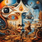 a colorful painting of a woman 's face surrounded by buildings and a large eye