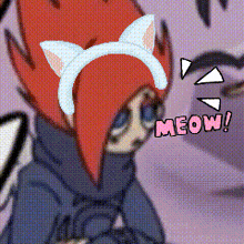 a cartoon character with cat ears and the word meow on the bottom