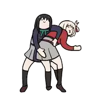 a cartoon of a girl carrying another girl on her back with the number 3 on the back