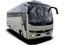 a white bus is sitting on a white surface .