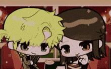 a boy and a girl are sitting next to each other at a table eating food .
