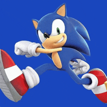 sonic the hedgehog is a cartoon character from the video game sonic the hedgehog and is running on a blue background .