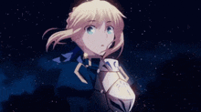 a close up of a blonde anime girl with blue eyes standing in front of a starry sky .