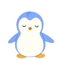 a blue and white penguin with the letter m on its wing