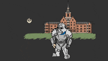 a cartoon drawing of a soldier in front of a building with a gear emblem