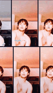 a collage of images of a shirtless man with a tiktok logo on the bottom right