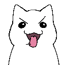 a pixel art drawing of a white cat with its tongue hanging out .