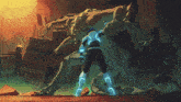 a cartoon drawing of a woman fighting a monster with a glowing blue arm