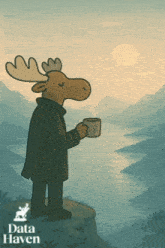 a moose standing on a cliff holding a cup of coffee in front of a river