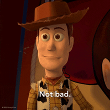 woody from toy story says " not bad " in a close up