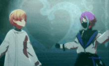 two anime characters are standing next to each other