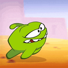 a green cartoon character with big teeth is running