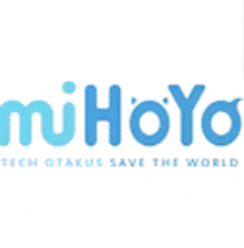 a man with glasses and a beard is wearing a purple shirt with mihoyo written on it .