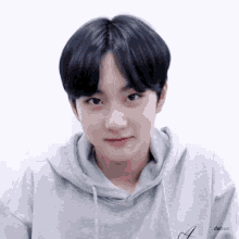 a boy wearing a grey hoodie with the letter a on the front