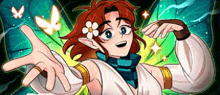 a cartoon of a girl with a flower in her hair and a butterfly on her head .
