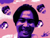 a purple and pink painting of a man 's face with three heads behind him