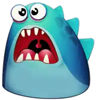 a blue cartoon character with big eyes and a mouth open