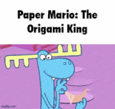 a cartoon moose is holding an origami bird with the words paper mario : the origami king below it