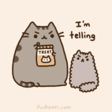 a cartoon cat says i 'm telling while holding a treat