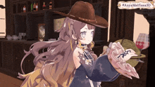a girl in a cowboy hat is standing in a room with a sign that says #anyamelissa3d