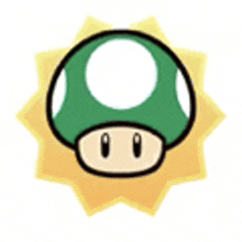 a green mushroom with a white circle on it is sitting on a yellow sun .