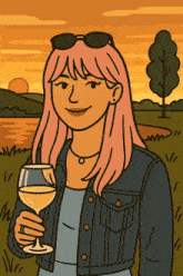 a cartoon drawing of a woman holding a glass of wine