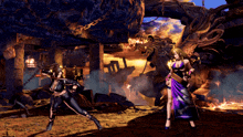 two women are fighting in a video game and one is wearing a purple skirt